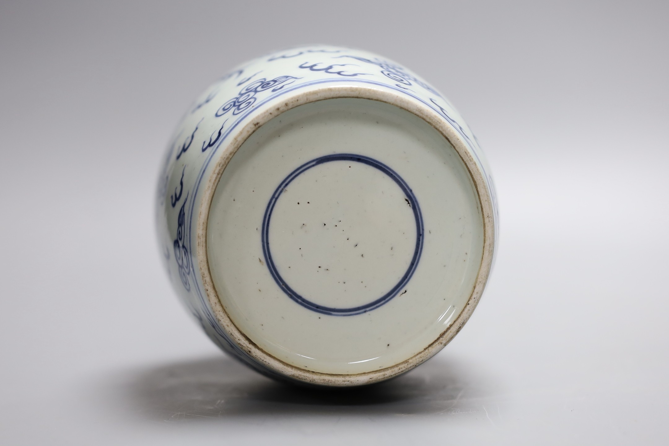 A Chinese blue and white 'phoenix' jar, 17 cms high